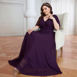Plus Size Women's Formal Party Purple V-Neck Flutter Sleeve Chiffon Slim Fit Maxi Evening Gown