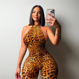 Women Summer Leopard-Print Backless Jumpsuit