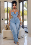 Women's Fashion Sexy Distressed High Stretch Fringe Denim Strap Jumpsuit