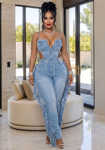 Women's Fashion Sexy Distressed High Stretch Fringe Denim Strap Jumpsuit