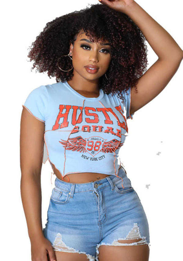 Women Letter-Print Short-Sleeve Summer Crop Top