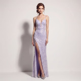 Women's Formal Party Chic Sequin Deep V-Neck Strap High Slit Maxi Evening Gown