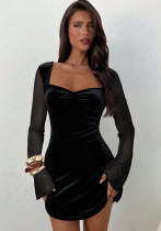 Women Black Velvet Square-Neck Bodycon Dress Women Black Velvet Square-Neck Bodycon Dress