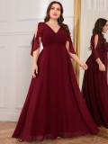 Plus Size Women's Elegant V-Neck Solid Chiffon Lace-Up Slim Waist Bridesmaid Party Dress