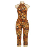 Women Summer Leopard-Print Backless Jumpsuit