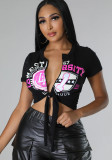 Women Printed Short-Sleeve Crop Top with Criss-Cross Lace-Up Detail