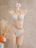 Women's Leaf Print Drawstring Lace-Up Three-Piece Bikini Swimsuit