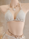 Women's Leaf Print Drawstring Lace-Up Three-Piece Bikini Swimsuit