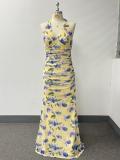 Women's Printed Halter Neck V-Neck Ruched Waist Fully Lined Mermaid Evening Dress