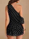 Women's Holidays Black and White Polka Dot Slash Shoulder Ruffle Hem Mini Dress