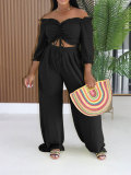 Summer Women's Casual Lace-Up Off Shoulder Ruffle Trim Top and High Waist Wide Leg Pants Two-Piece Set