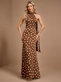 Summer Women's Polka Dot Halter Neck Tie Collar Sleeveless A-Line Evening Dress