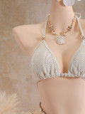 Women's Leaf Print Drawstring Lace-Up Three-Piece Bikini Swimsuit