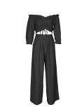 Summer Women's Casual Lace-Up Off Shoulder Ruffle Trim Top and High Waist Wide Leg Pants Two-Piece Set