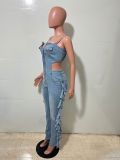 Women's Fashion Sexy Distressed High Stretch Fringe Denim Strap Jumpsuit