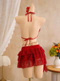 Women's Lace Trim Halter Neck Three-Piece Beach Bikini Swimsuit