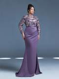 Plus Size Women's Formal Party Purple Satin Sequin Cutout Long Sleeve Mermaid Evening Gown