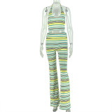 Women's Color Block Striped Print Halter Neck U-Neck Sleeveless Crop Top and Pants Two-Piece Set