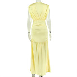 Women's Solid V-Neck Ruched Sleeveless High Slit Slim Waist Long Dress