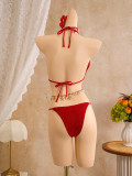 Women's Lace Trim Halter Neck Three-Piece Beach Bikini Swimsuit