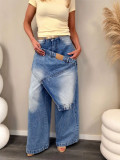 Women's Street Patchwork Faux Two-Piece Waist Wide Leg Denim Pants
