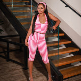 Women's Style Printed V-Neck Halter Neck Sleeveless Top Slim Pants Two-Piece Set