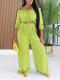 Summer Women's Casual Lace-Up Off Shoulder Ruffle Trim Top and High Waist Wide Leg Pants Two-Piece Set