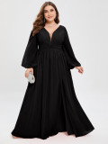 Plus Size Women's Black V-Neck Pleated Chiffon Long Sleeve High Slit Maxi Evening Gown