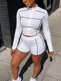 Women's Casual Zip-Up Long Sleeve Top and High Waist Shorts Two-Piece Set