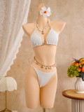 Women's Lace Trim Halter Neck Three-Piece Beach Bikini Swimsuit
