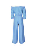 Summer Women's Casual Lace-Up Off Shoulder Ruffle Trim Top and High Waist Wide Leg Pants Two-Piece Set