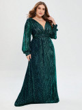 Plus Size Women's Formal Party Luxury Dark Green Sequin V-Neck Long Sleeve Slim Waist Maxi Evening Gown