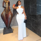 Women's Halter Neck Open Waist Ruched Mesh Patchwork Bodycon Maxi Dress