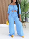 Summer Women's Casual Lace-Up Off Shoulder Ruffle Trim Top and High Waist Wide Leg Pants Two-Piece Set