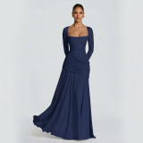 Women's Chic Solid Square Neck Ruched Slim Waist Long Dress