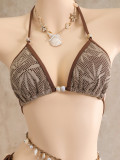 Women's Leaf Print Drawstring Lace-Up Three-Piece Bikini Swimsuit