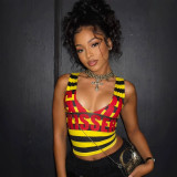 Women's Striped Letter Print Low U-Neck High Stretch Crop Tank Top