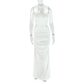 Women's Halter Neck Open Waist Ruched Mesh Patchwork Bodycon Maxi Dress