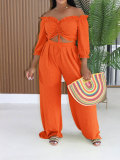 Summer Women's Casual Lace-Up Off Shoulder Ruffle Trim Top and High Waist Wide Leg Pants Two-Piece Set