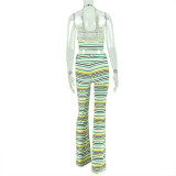 Women's Color Block Striped Print Halter Neck U-Neck Sleeveless Crop Top and Pants Two-Piece Set