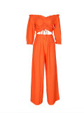 Summer Women's Casual Lace-Up Off Shoulder Ruffle Trim Top and High Waist Wide Leg Pants Two-Piece Set