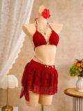 Women's Lace Trim Halter Neck Three-Piece Beach Bikini Swimsuit