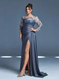 Plus Size Women's Satin Sequin Long Sleeve High Slit Mermaid Evening Gown