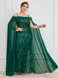 Plus Size Women's Sequin Strap Off Shoulder Flutter Sleeve Mermaid Slim Fit Maxi Evening Gown
