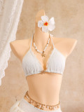 Women's Lace Trim Halter Neck Three-Piece Beach Bikini Swimsuit