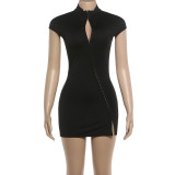 Spring Women's Sexy Fashion Stand Collar Short Sleeve Slim Waist Solid Bodycon Dress