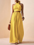 Women's Holidays Casual Crisscross Halter Neck Low Back Crop Top and Wide Leg Pants Two-Piece Set