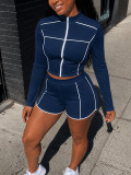 Women's Casual Zip-Up Long Sleeve Top and High Waist Shorts Two-Piece Set
