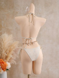 Women's Leaf Print Drawstring Lace-Up Three-Piece Bikini Swimsuit