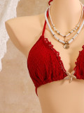 Women's Lace Trim Halter Neck Three-Piece Beach Bikini Swimsuit